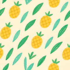 Whimsical seamless pattern of handdrawn pineapples and tropical leaves with a crayonlike texture.