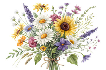 Watercolor wildflower bouquet with sunflower, daisy, lavender, and more. Isolated on transparent background.