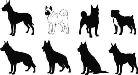 Dog silhouettes in various poses, sitting and standing dogs, breed comparison, pet illustration, black dog shapes, artistic canine design