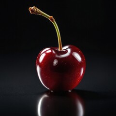 A detailed, photo-realistic image of a cherry on a stem, with light reflecting off its glossy, deep red surface. The cherry is the sole focus against a stark, black studio backdrop