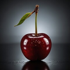 A detailed, photo-realistic image of a cherry on a stem, with light reflecting off its glossy, deep red surface. The cherry is the sole focus against a stark, black studio backdrop