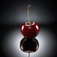 A detailed, photo-realistic image of a cherry on a stem, with light reflecting off its glossy, deep red surface. The cherry is the sole focus against a stark, black studio backdrop