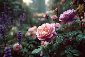 Obraz premium Vibrant pink and purple flowers in a lush garden.