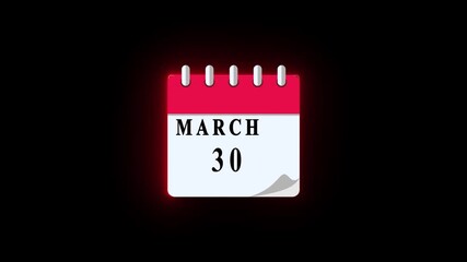 30 March date calendar icon animation, calendar icon video, calendar moving neon black background.