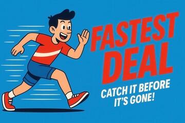 Cheerful cartoon character running with the text "Fastest Deal", emphasizing urgency and excitement on a vibrant blue background, suitable for promotional content.
