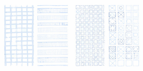 Collection of hand drawn blue grid patterns and icons