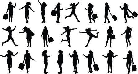 Silhouettes of person in motion, walking, running, jumping, holding suitcase, dynamic poses, black figure, travel concept, isolated background