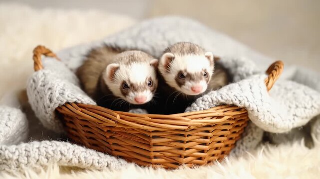 Two baby ferrets in woven basket