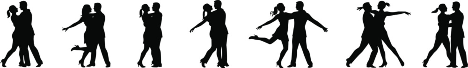 Silhouettes of dancing couples in motion, elegant dance poses, black and white contrast, expressive choreography, romantic movement, artistic rhythm, graceful interaction