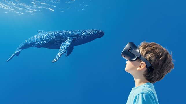 Curious boy in VR headset looking up at holographic humpback whale