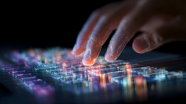 Luminous Fingerprints Interacting with a Glowing Digital Data Stream.