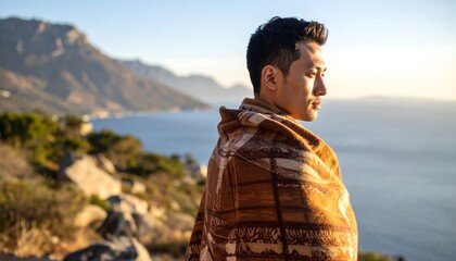 Man Wrapped in Blanket Enjoying Scenic Mountain and Ocean View at Sunset