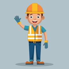 Friendly Construction Worker Illustration Smiling and Waving Wearing Safety Gear and Gloves on a Light Grey Background