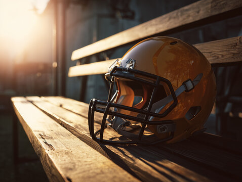 American football helmet mockup on bench, shadows dramatic