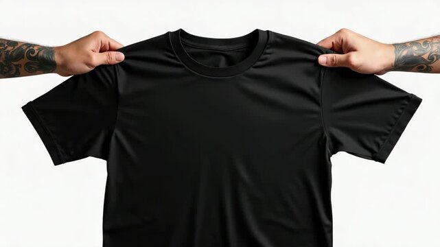 Tattooed biker hand holds hang with blank black t-shirt from premium thin cotton, isolated on white mockup studio background. virtual try on concept.