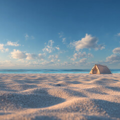 Peaceful Beach Camping Scene with Tent and Blue Sky