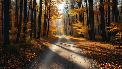 Fototapeta premium A forked path through a golden autumn forest, symbolizing life's choices under soft sunlight.