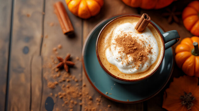 Pumpkin spice latte with cinnamon on wooden table with pumpkins  