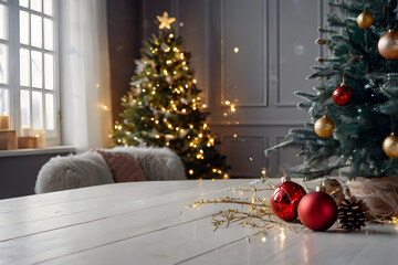 White table, balls, christmas tree, lights, copy space, blurred bokeh. Christmas mock up banner to display, advertise product, promotion sale, presentation. New year, winter backgrounds.