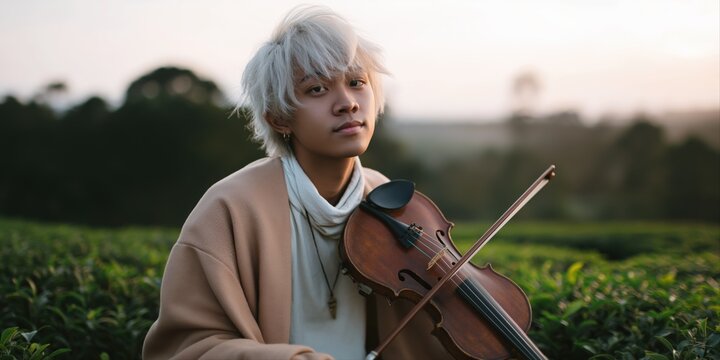 Young asian male violinist with white hair playing in natural setting