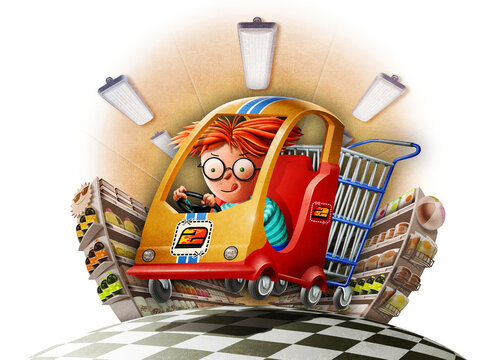 Kid in Supermarket with Racer Cart