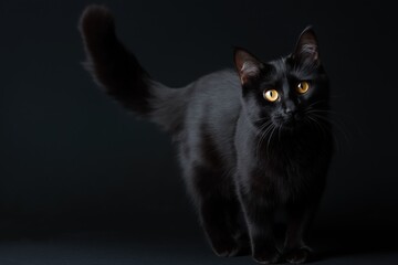 Fototapeta premium Black cat with piercing amber eyes against dark background