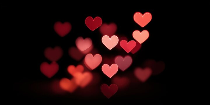 Glowing red heart shapes on black background with bokeh effect - Powered by Adobe