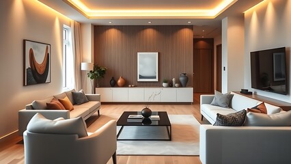 Fototapeta premium Modern living room with minimalist furniture, embodying elegance and contemporary design.
