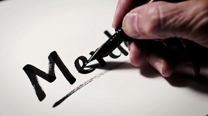 Hand writing Merdeka with ink pen on white paper for independence day