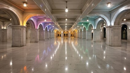 Obraz premium A wide, empty marble floor with white columns and arches illuminated by rainbow-colored lights. The reflections on the polished surface create an illusion of depth, adding to its beauty