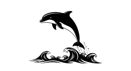 Jumping Dolphin Silhouette with Ocean Waves and Splashes Vector Illustration