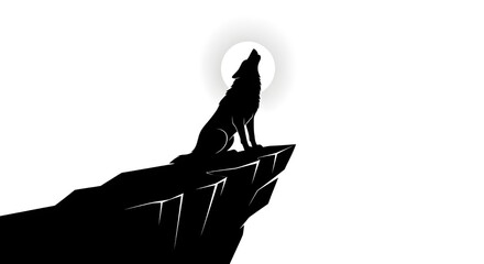 Wolf Howling at Full Moon Silhouette on Cliff Black White Graphic Design