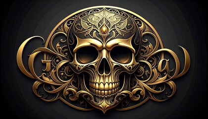 A Ornate Golden Skull with Floral Scrollwork and Ghoul   Script on Dark Gothic Background
