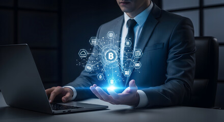 A business executive interacts with a glowing digital network symbolizing global cryptocurrency and secure online transactions.