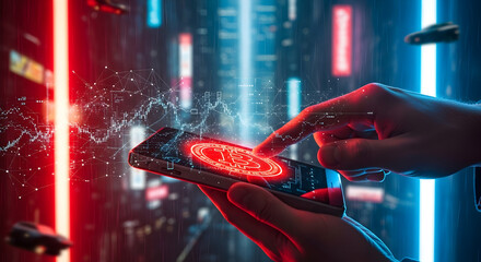 A human hand engages with a glowing digital currency interface on a mobile device in a neon urban landscape.