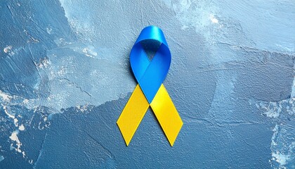 Yellow and Blue Solidarity Ribbon on Textured Blue Background (Symbol of Support for Ukraine