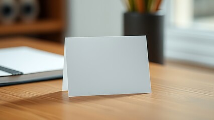 A blank notecard placed on a wooden desk with soft diffused lighting and shallow focus.