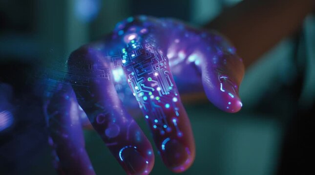Close-up of a human hand with glowing cybernetic circuits visible beneath the skin, interacting with a holographic interface, blending humanity and advanced technology in a futuristic sci-fi concept.
