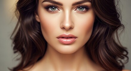 Elegant beauty portrait of a gorgeous young woman with flawless glowing skin and perfect natural makeup. A stunning model with voluminous brown hair and captivating eyes.