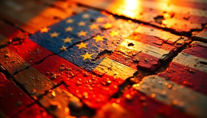 Naklejka premium Distressed American Flag on Weathered Wood Represents Patriotism and Heritage