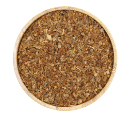 Pile anise seeds spice in bamboo bowl isolated on white, (Pimpinella anisum) background, top view, clipping path	