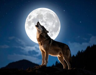 Wolf howls at a full moon