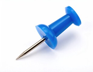 A single blue plastic pushpin with a sharp metal needle, isolated on a clean white background.