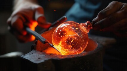 A glass blower makes a christmas toy from hot glass near a furnace. Concept of glass blowing craftsmanship and christmas toys