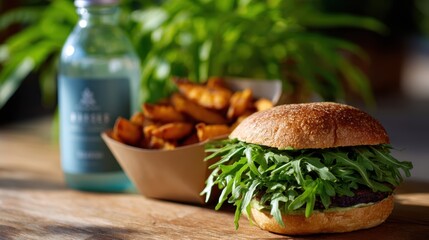 eco-friendly food truck, vintage style snapshot of a vegan burger and sweet potato fries in eco-friendly packaging from a pedal-powered food cart, with a retro print drink bottle