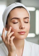 Serene young woman with closed eyes gently applying moisturizing face cream. A beautiful model in a spa performing a daily skincare routine for healthy, glowing skin.