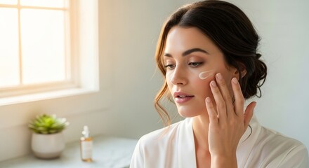 Fototapeta premium A beautiful young woman in a soft white robe applying a nourishing moisturizing cream to her face, practicing her daily beauty and skincare routine in a sunlit room.