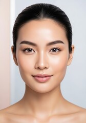 Obraz premium Stunning studio portrait of a young beautiful Asian woman with perfect glowing skin and natural, elegant makeup. Concept for beauty and skincare.