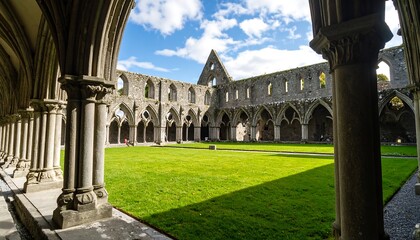 Obraz premium Ruined abbey courtyard, lush green
