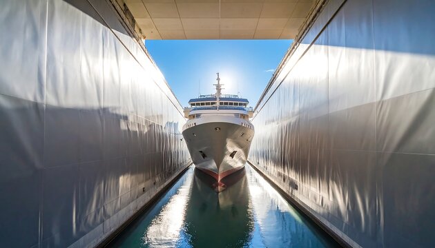 Cruise ship in dry dock, sunlit